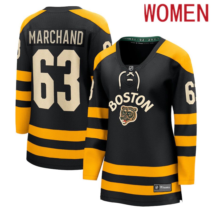 Women Boston Bruins #63 Brad Marchand Fanatics Branded Black 2023 Winter Classic Player NHL Jersey->women nhl jersey->Women Jersey